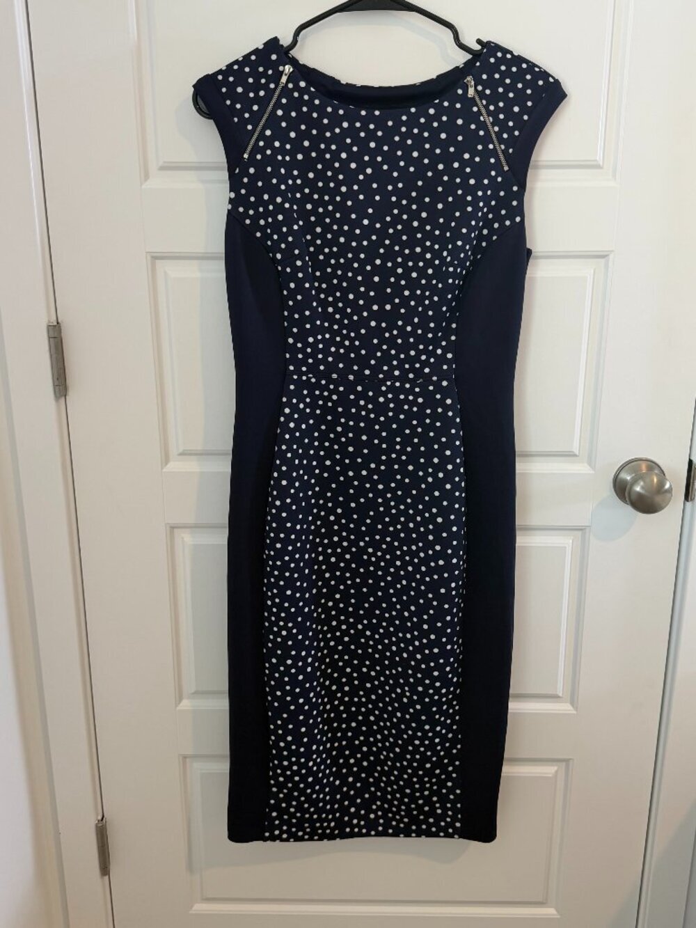 Enfocus Studio Navy White Polka Dot Sheath Dress Zip Detail Women's Size 6